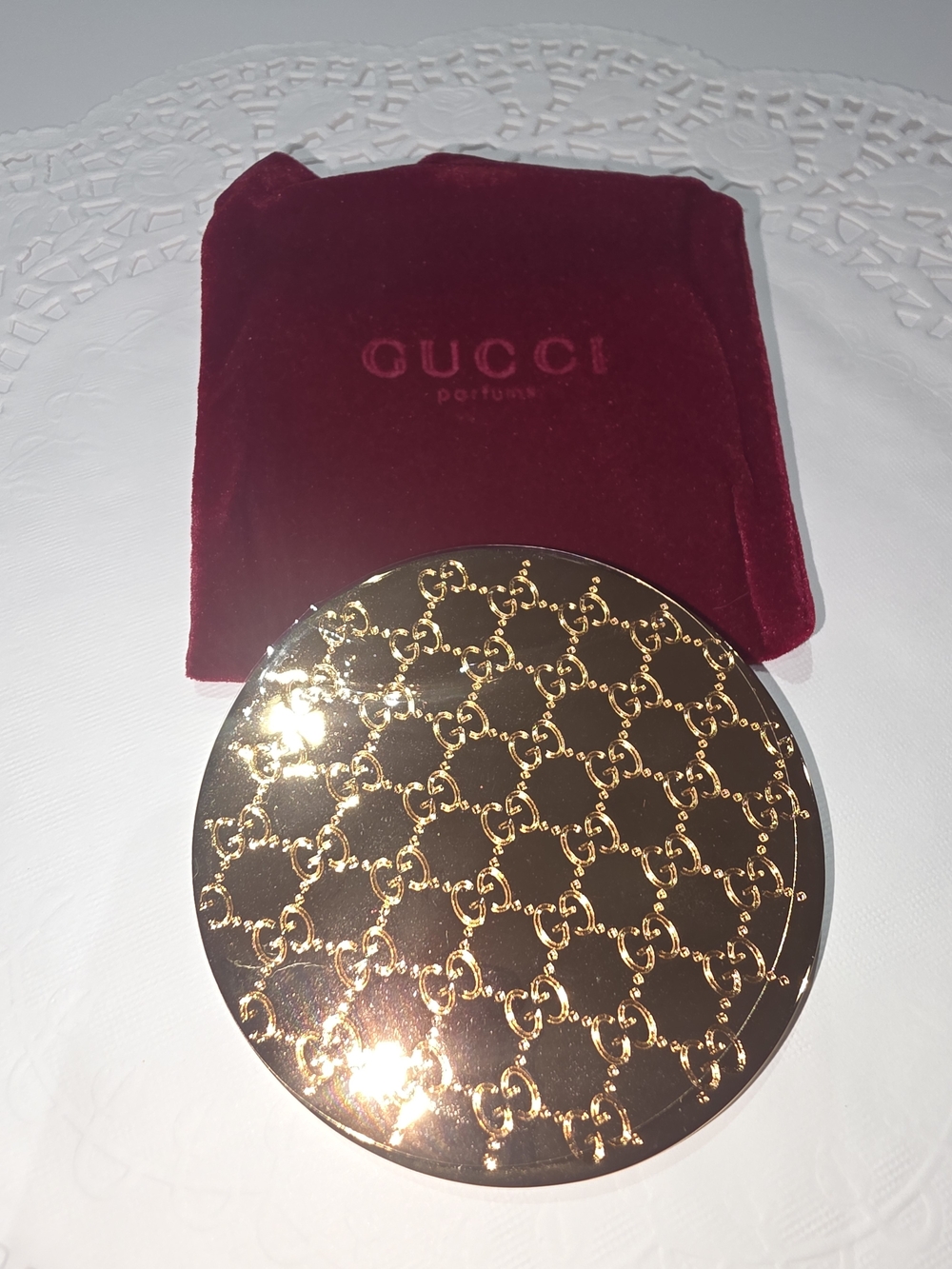 Gucci Gold Tone Interlocking G Compact Mirror with Red Velvet Pouch